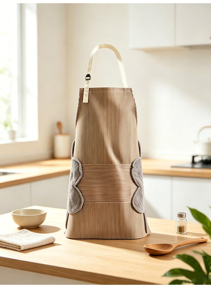 viola Bib Apron with 2 Pockets, Adjustable Kitchen Aprons, Side Wipe Hands Coral Velvet Towels Stitched Pinstripe Waterproof Cooking Baking Aprons Unisex (Brown) - Image 1