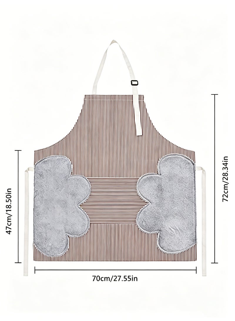 viola Bib Apron with 2 Pockets, Adjustable Kitchen Aprons, Side Wipe Hands Coral Velvet Towels Stitched Pinstripe Waterproof Cooking Baking Aprons Unisex (Brown) - Image 2
