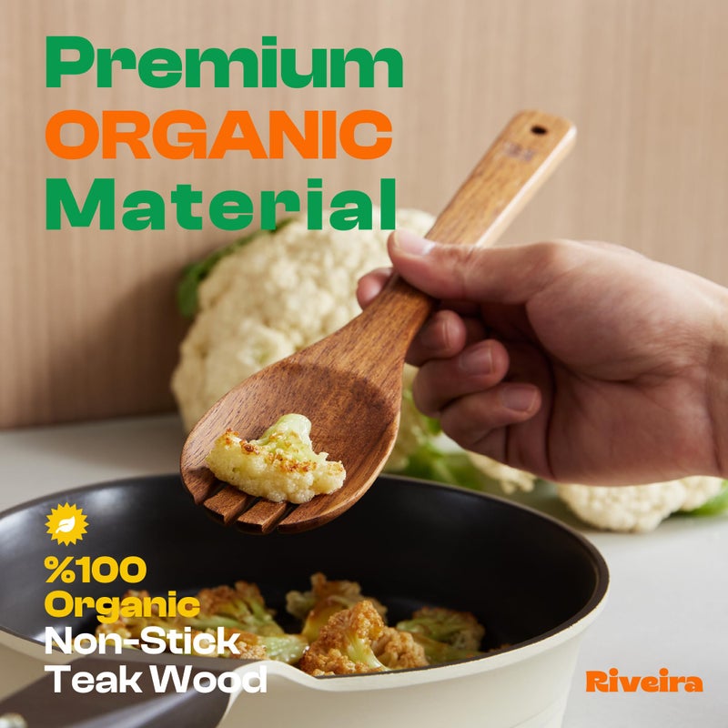 Riveira Teak Wooden Spoons for Cooking Set of 6 â€“ Natural Teak Wooden Cooking Utensils, Wooden Spatula, Wooden Spoon - Premium Quality Utensil Set for Non-Toxic Cooking - Image 2
