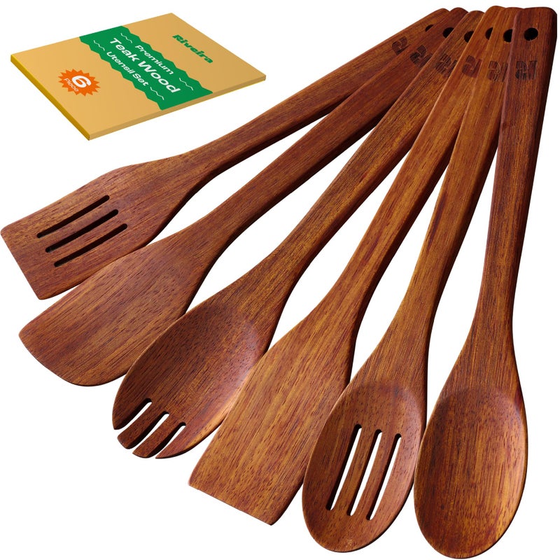Riveira Teak Wooden Spoons for Cooking Set of 6 â€“ Natural Teak Wooden Cooking Utensils, Wooden Spatula, Wooden Spoon - Premium Quality Utensil Set for Non-Toxic Cooking - Image 1