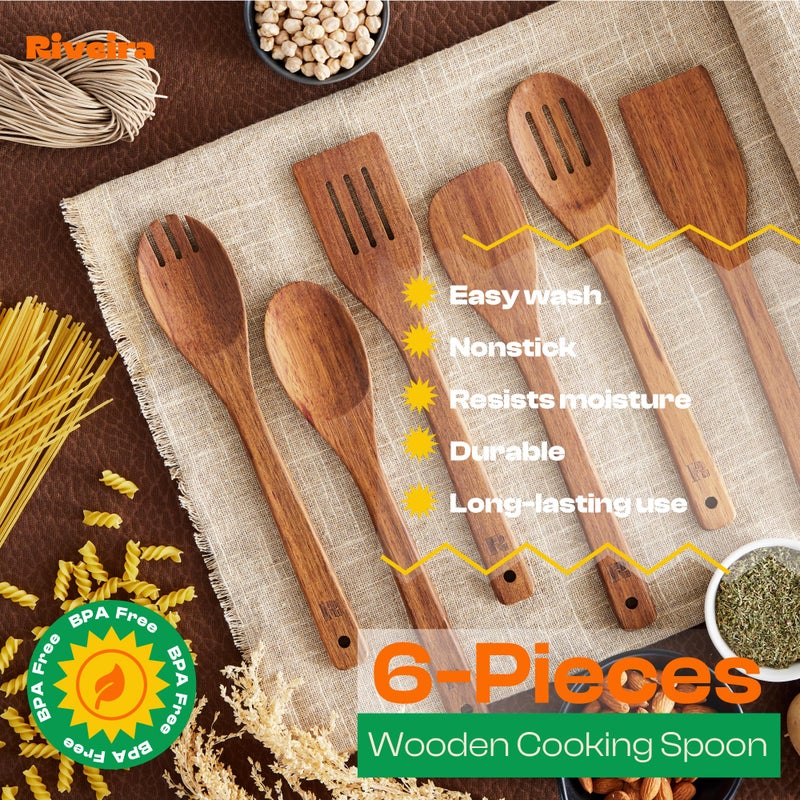 Riveira Teak Wooden Spoons for Cooking Set of 6 â€“ Natural Teak Wooden Cooking Utensils, Wooden Spatula, Wooden Spoon - Premium Quality Utensil Set for Non-Toxic Cooking - Image 5