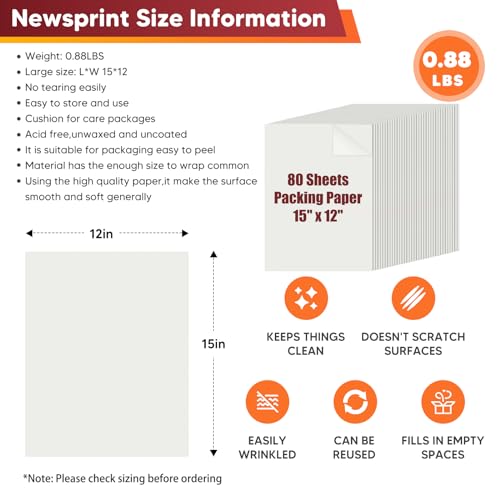 Donyang 15" x 12" Packing Paper Sheets for Moving Supplies, Newsprint Paper for Moving Boxes, Wrapping Paper for Moving, Shipping, Packaging, Small Packing Box, Dishes Glasses Box Filler Materials 80 Sheets - Image 2