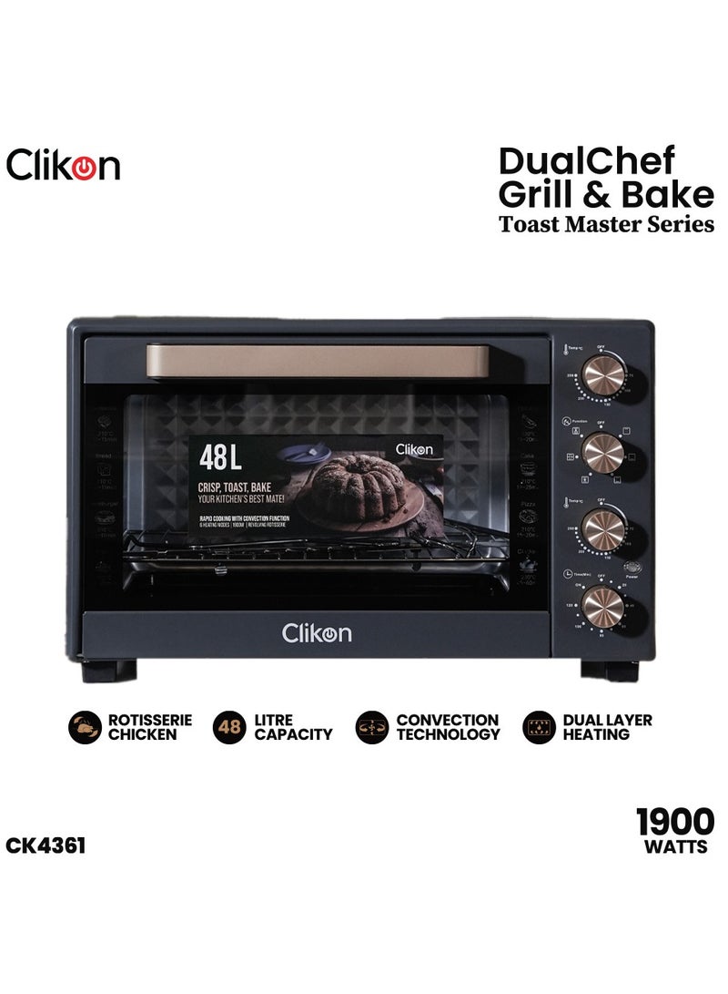 Clikon Dual Chef Grill & Bake 48 L Electric Convection Oven with Rotisserie – Multi-Function, Stainless Steel, Adjustable Temperature, Accessories Included 1900 W 48 L 1900 W CK4361 Black and Gold - Image 1