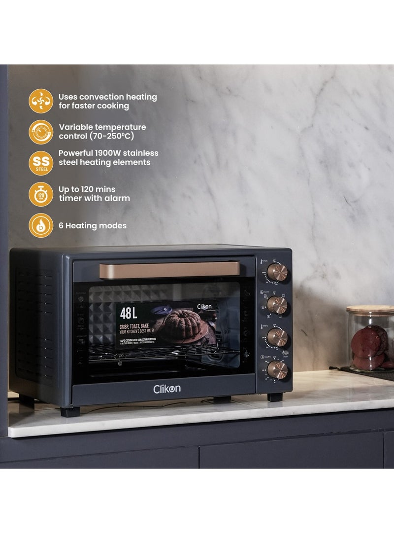 Clikon Dual Chef Grill & Bake 48 L Electric Convection Oven with Rotisserie – Multi-Function, Stainless Steel, Adjustable Temperature, Accessories Included 1900 W 48 L 1900 W CK4361 Black and Gold - Image 4
