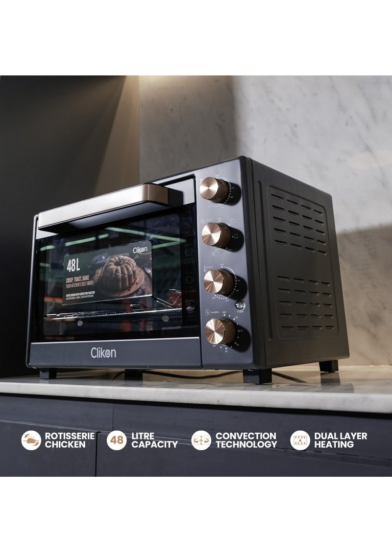 Clikon Dual Chef Grill & Bake 48 L Electric Convection Oven with Rotisserie – Multi-Function, Stainless Steel, Adjustable Temperature, Accessories Included 1900 W 48 L 1900 W CK4361 Black and Gold - Image 3