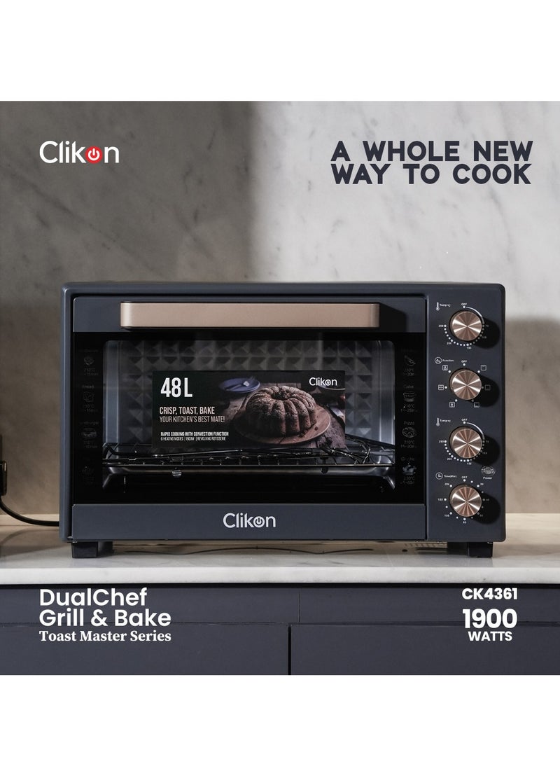 Clikon Dual Chef Grill & Bake 48 L Electric Convection Oven with Rotisserie – Multi-Function, Stainless Steel, Adjustable Temperature, Accessories Included 1900 W 48 L 1900 W CK4361 Black and Gold - Image 2