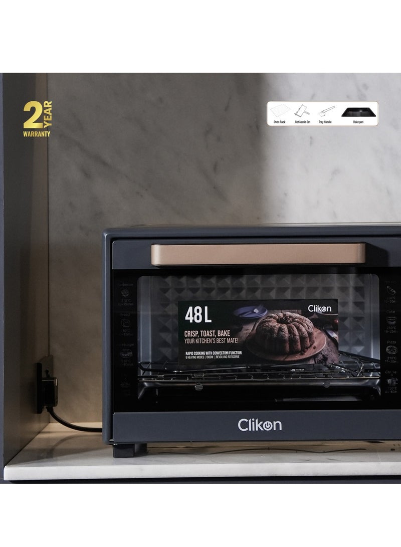 Clikon Dual Chef Grill & Bake 48 L Electric Convection Oven with Rotisserie – Multi-Function, Stainless Steel, Adjustable Temperature, Accessories Included 1900 W 48 L 1900 W CK4361 Black and Gold - Image 5
