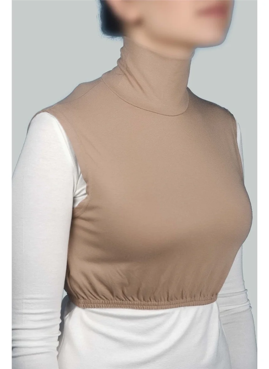 التوبة Zero Sleeve Turtleneck Full Neck Lycra Combed Cotton Women's Half Body - Dark Beige