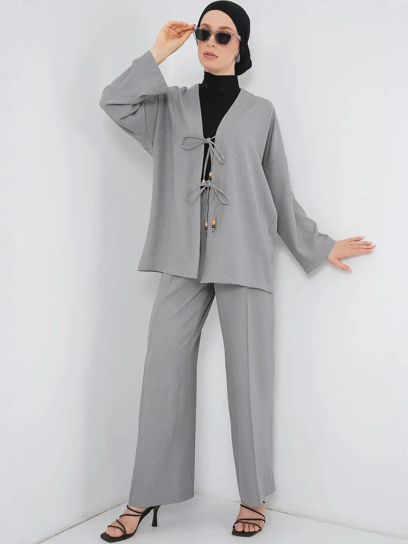 BDART Linen Blend Binding Detailed Cardigan and Rib Detail Wide Leg Pants Set