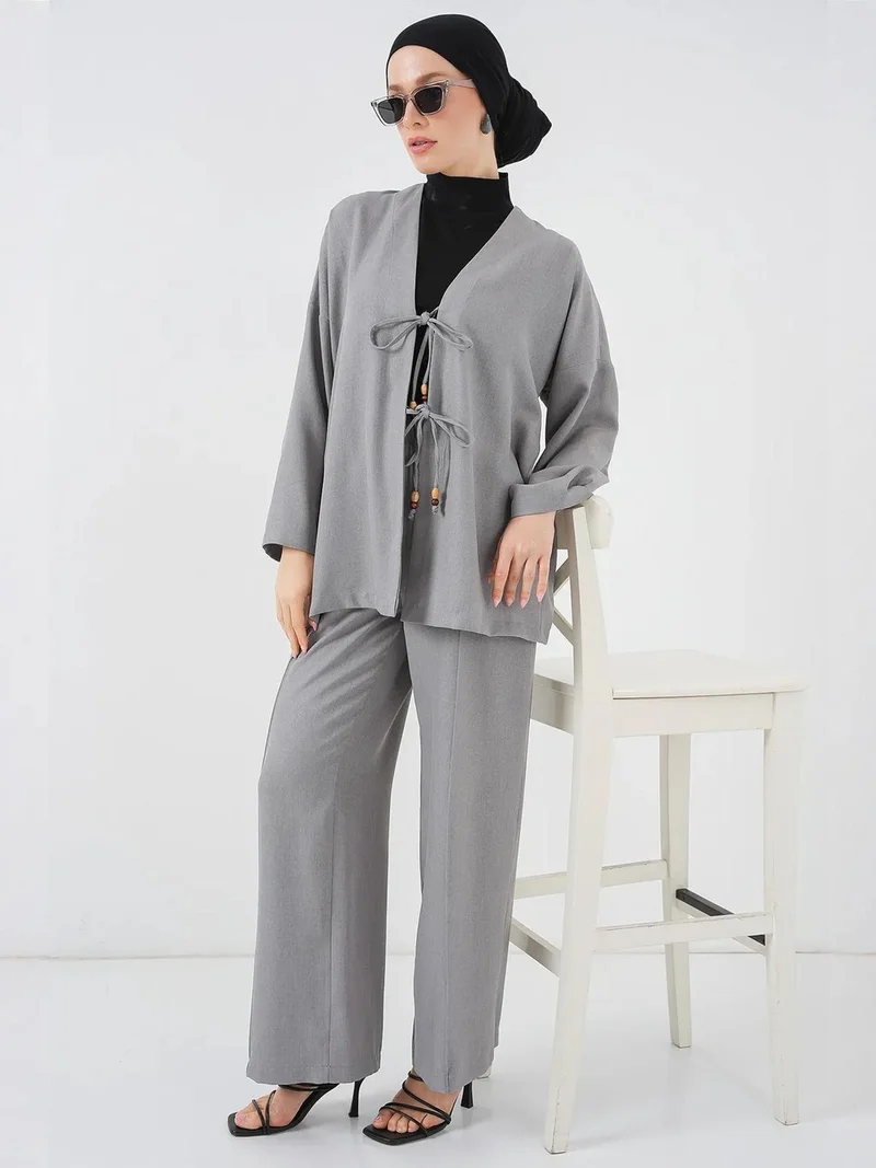 بيغ دارت طقم كارديجان برباط كتان وسروال واسع الساق بتفاصيل مضلعة