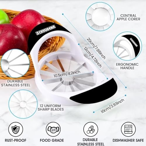 SCHVUBENR 4.72 Inch Large Apple Slicer with 12 Blades - Professional Apple Cutter - Stainless Steel Apple Corer - Sharp Apple Slicer and Corer - Apple Corer Tool - Dishwasher Safe(Black) - Image 3