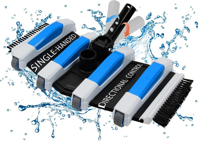 TidyMister رأس مكنسة مسبح محسّن بمقبض تحكم في الاتجاه - 17.5 بوصة عريض إضافي 4 رطل رؤوس مكنسة محترفة موزونة مع فرشاة وعجلات - تنظيف عميق لبطانة الفينيل والمسبح الداخلي والخارجي - أزرق - Image 1