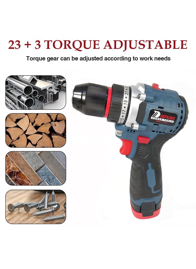 DEFAONS - DEFAONS 16.8V Cordless Electric Drill Driver Kit with 2 Batteries, Variable Speed, 23+3 Torque Settings, LED Light, All-Copper Motor, Includes Drill Bits and Case GCLD01-11 - Image 1