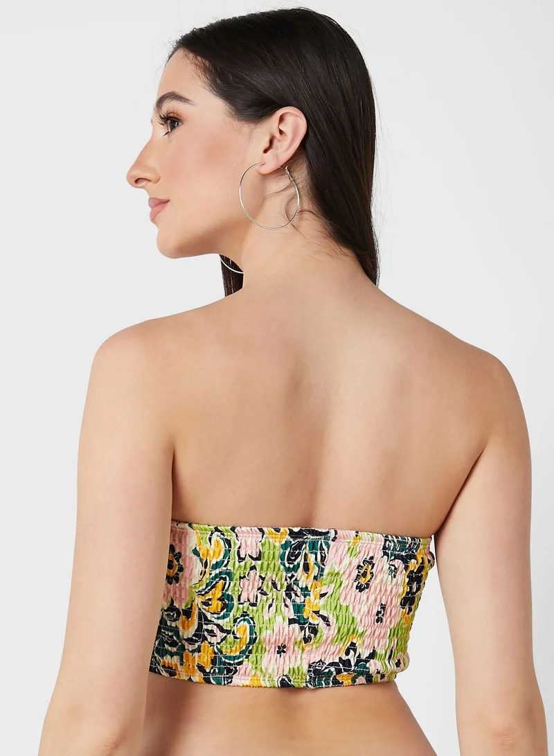 TOPSHOP Floral Print Shirred Bandeau Bikini Top