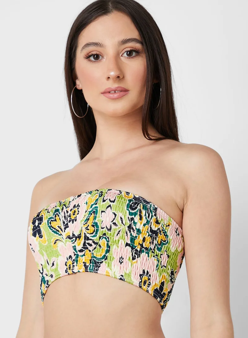 TOPSHOP Floral Print Shirred Bandeau Bikini Top