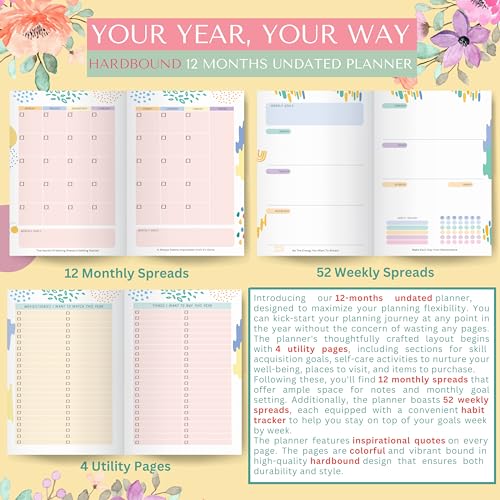 LAURET BLANC Hardbound12Months Undated Planner- A5 Size, 12 Monthly Spreads, 52 Weekly Spreads, Habit Tracker, Utility Pages (Bloom Where You Are Planted.) - Image 3