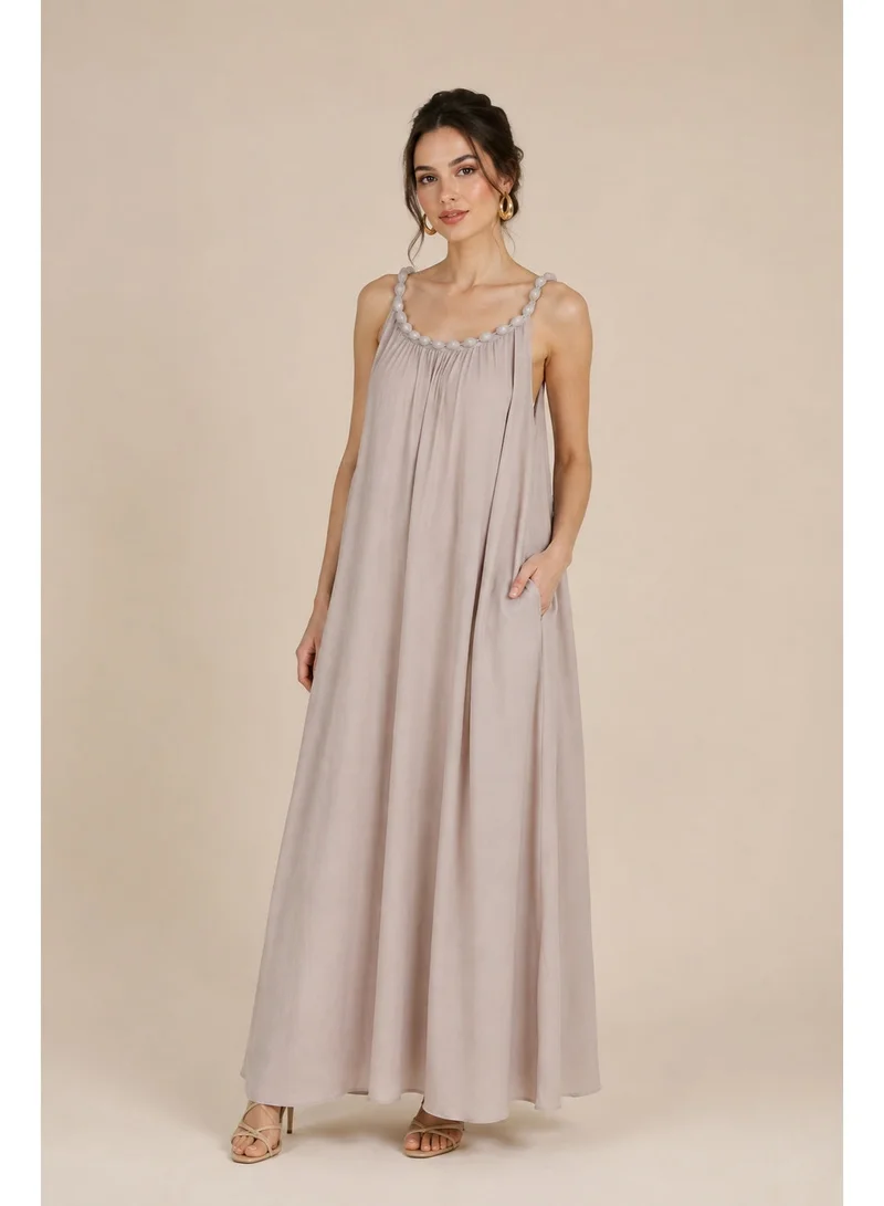2Trendy Women's Beige Maxi Slip Dress with Beaded Trim Straps
