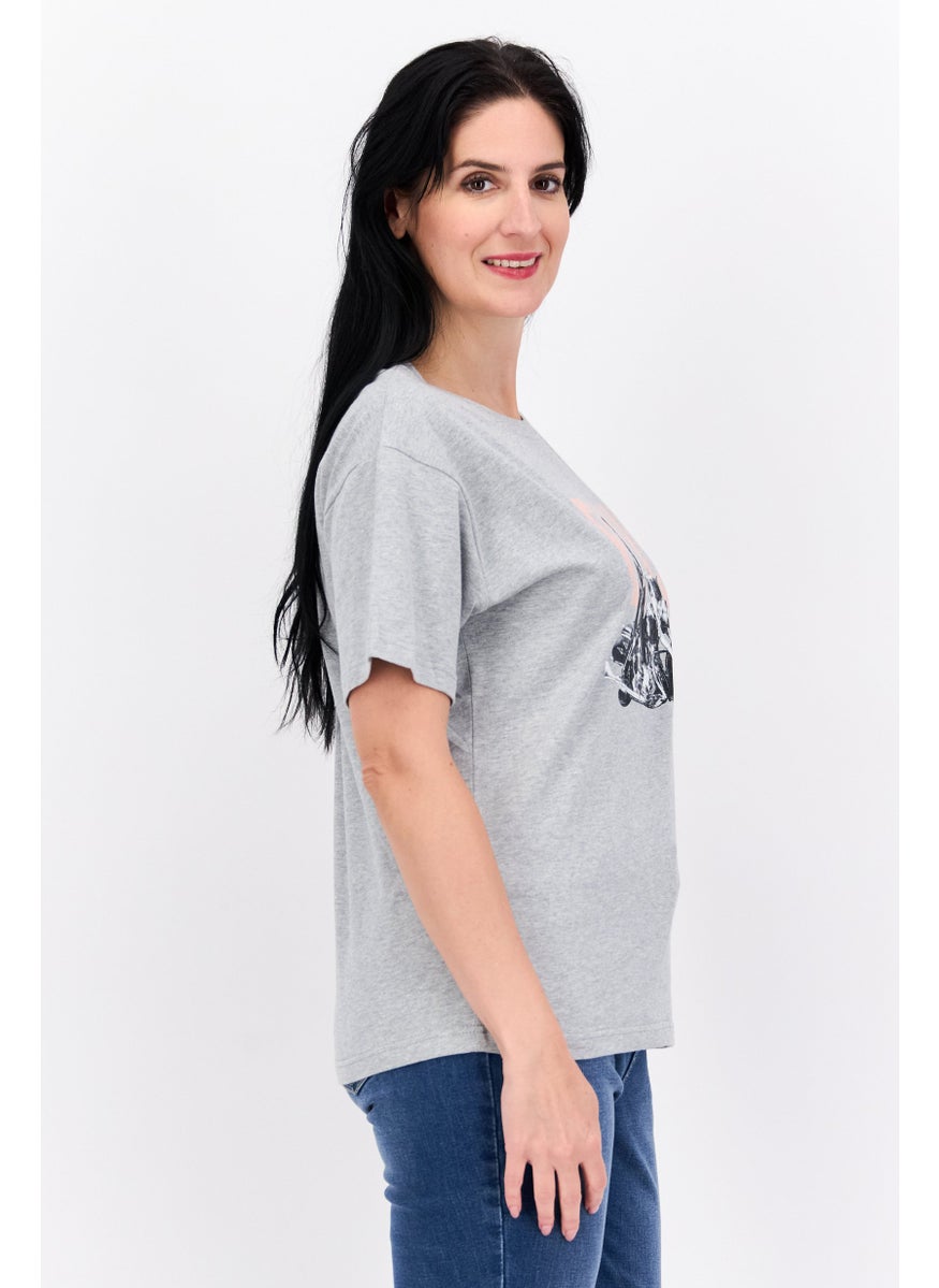 ELVIS Women Crew Neck Short Sleeves Graphic Printed T-Shirt, Light Grey  - Image 2