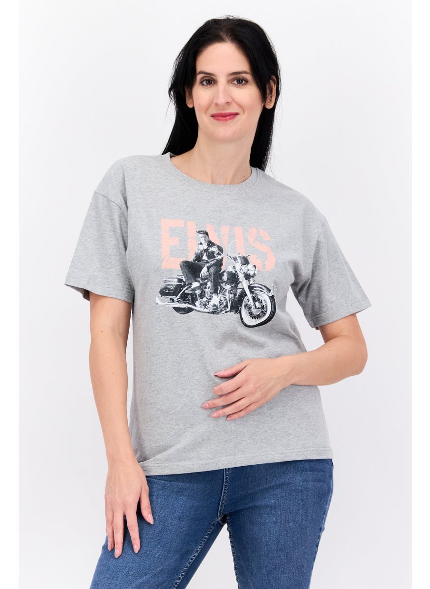 ELVIS Women Crew Neck Short Sleeves Graphic Printed T-Shirt, Light Grey  - Image 1