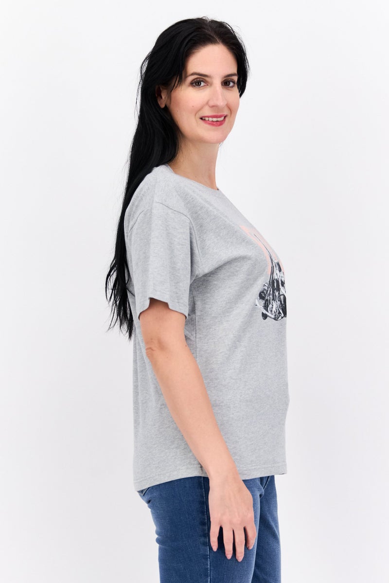 ELVIS Women Crew Neck Short Sleeves Graphic Printed T-Shirt, Light Grey - Image 2