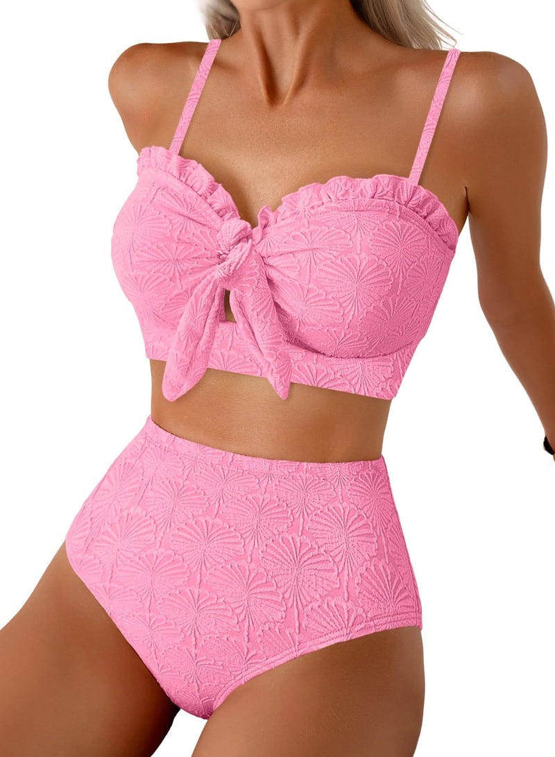 Herseas Women's Seashell Textured Two Piece Pink Bikini Sets Knotted Front Push Up Cutout Swimsuits Ruffle Trim Padded Bathing Suits Cute Swimwear for Teens X-Large - Image 1