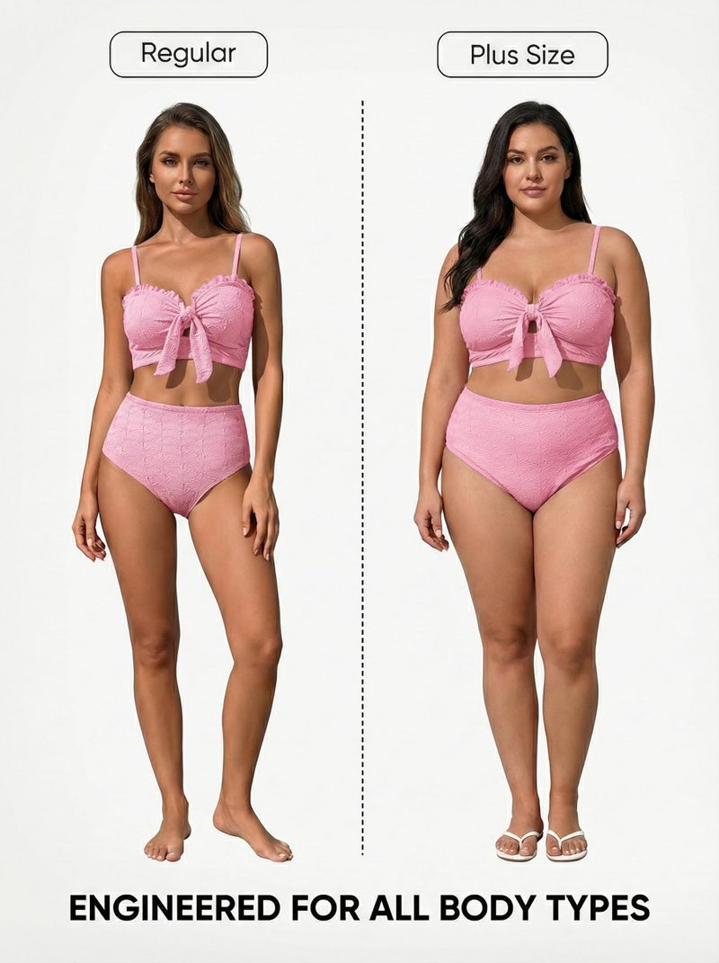 Herseas Women's Seashell Textured Two Piece Pink Bikini Sets Knotted Front Push Up Cutout Swimsuits Ruffle Trim Padded Bathing Suits Cute Swimwear for Teens X-Large - Image 3