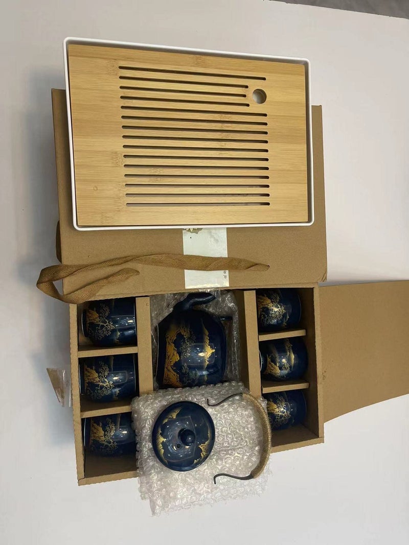 JUWNMANT Japanese Tea Set, Black Glazed Tea Set in Gift Box With 1 Teapot, 1 Tea Strainer, 1 Tea Tray and 6 Tea Cups. Ideal Tea Set for Office Home, Asian Tea Sets for Tea Lovers(Landscape Blue) - Image 4