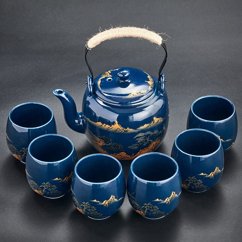 JUWNMANT Japanese Tea Set, Black Glazed Tea Set in Gift Box With 1 Teapot, 1 Tea Strainer, 1 Tea Tray and 6 Tea Cups. Ideal Tea Set for Office Home, Asian Tea Sets for Tea Lovers(Landscape Blue) - Image 3