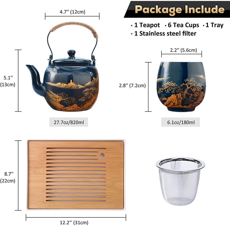 JUWNMANT Japanese Tea Set, Black Glazed Tea Set in Gift Box With 1 Teapot, 1 Tea Strainer, 1 Tea Tray and 6 Tea Cups. Ideal Tea Set for Office Home, Asian Tea Sets for Tea Lovers(Landscape Blue) - Image 2