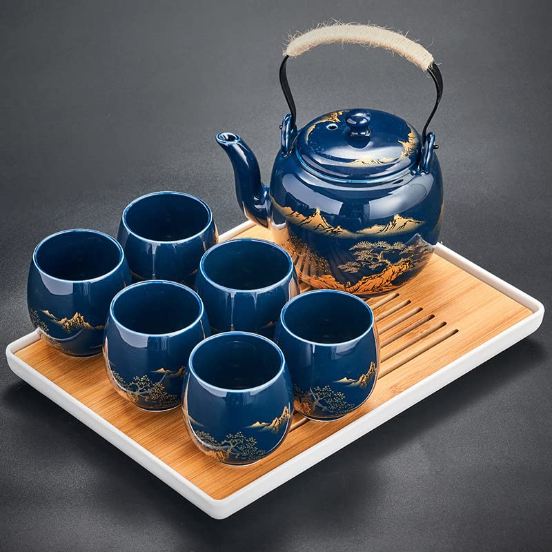 JUWNMANT Japanese Tea Set, Black Glazed Tea Set in Gift Box With 1 Teapot, 1 Tea Strainer, 1 Tea Tray and 6 Tea Cups. Ideal Tea Set for Office Home, Asian Tea Sets for Tea Lovers(Landscape Blue) - Image 1