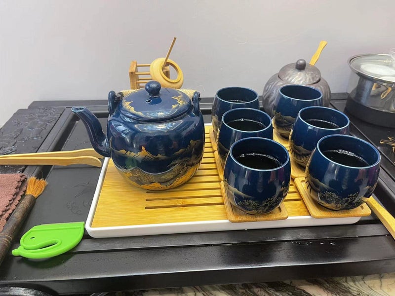 JUWNMANT Japanese Tea Set, Black Glazed Tea Set in Gift Box With 1 Teapot, 1 Tea Strainer, 1 Tea Tray and 6 Tea Cups. Ideal Tea Set for Office Home, Asian Tea Sets for Tea Lovers(Landscape Blue) - Image 5