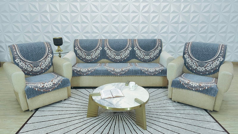 KREEVA Ultrasonic Cut Velvet Chenille Sofa Cover | for 5 Seater (3+1+1) Sofa | (Venue Grey_1, 6 Piece Set) | Sofa Slipcovers - Image 2