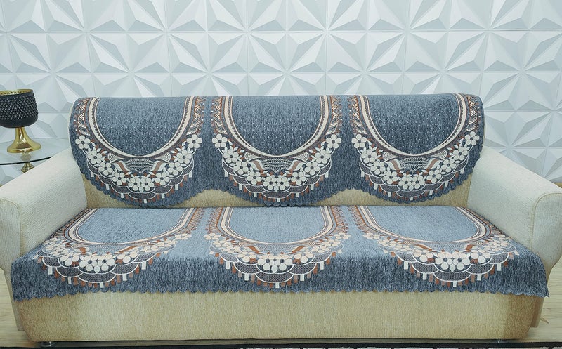 KREEVA Ultrasonic Cut Velvet Chenille Sofa Cover | for 5 Seater (3+1+1) Sofa | (Venue Grey_1, 6 Piece Set) | Sofa Slipcovers - Image 3