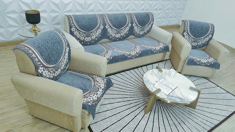 KREEVA Ultrasonic Cut Velvet Chenille Sofa Cover | for 5 Seater (3+1+1) Sofa | (Venue Grey_1, 6 Piece Set) | Sofa Slipcovers - Image 4