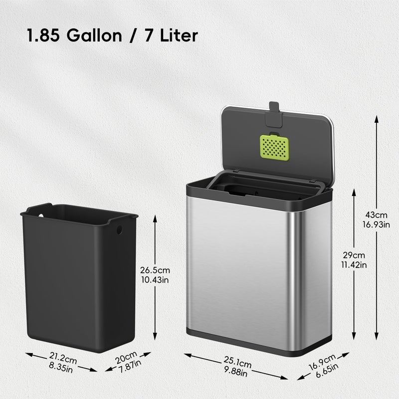 EKO Kitchen Compost Bin, 7L / 1.85 Gal Stainless Steel with Removable Inner Bucket and Deodorizer Compartment, 2-in-1 Countertop Compost Bin with Lid, Food Waste Caddy for Kitchen (MMT & Black Finish) - Image 2