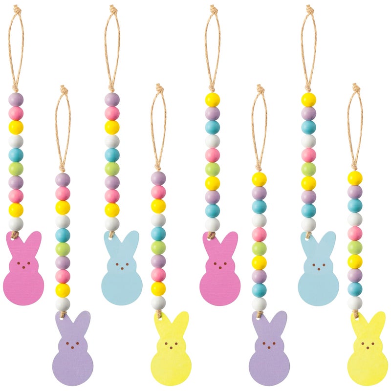 WATINC 8pcs Easter Wood Bead Garland with Tassels Peeps Bunny Wooden Hanging Ornament Decoration DoubleSided Colorful Rabbit Pendant Hang Decor with Rope for Easter Spring Holiday Party Tree Wall