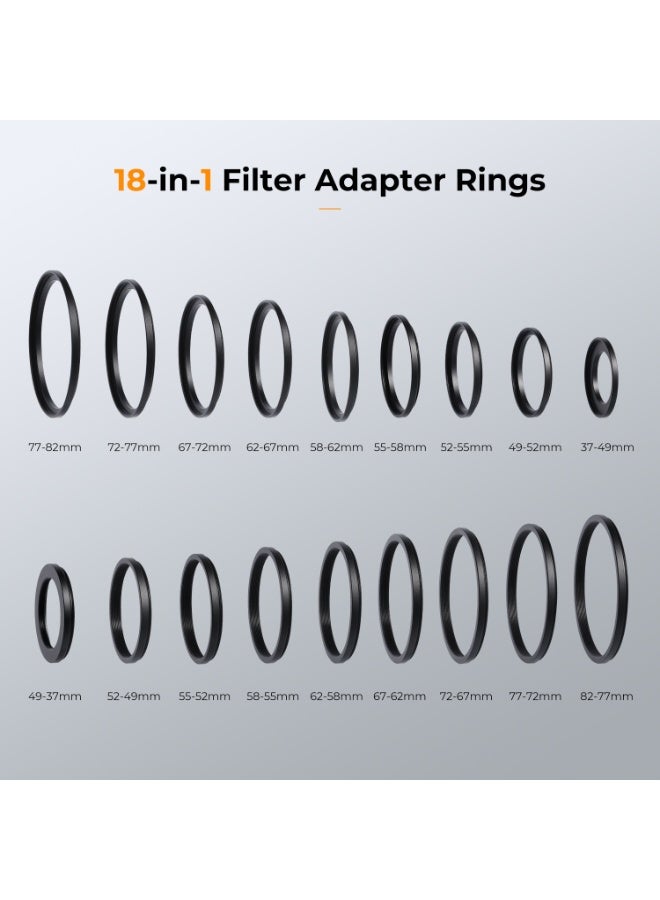 K&F CONCEPT 18-Piece Camera Lens Filter Ring Adapter Set, Aluminum Alloy Step-Up & Step-Down Rings Kit, Black - Image 4