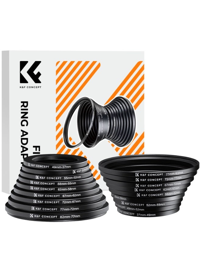 K&F CONCEPT 18-Piece Camera Lens Filter Ring Adapter Set, Aluminum Alloy Step-Up & Step-Down Rings Kit, Black - Image 1