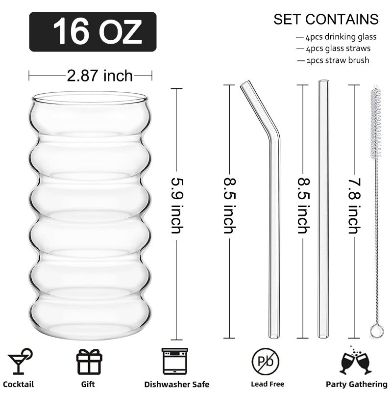 ALINK Ribbed Drinking Glass Cups with Straws Set of 4, 16 oz Aesthetic Iced Coffee Glasses, Wave Bubble Tumbler, Ripple Glassware, Beer Glasses for Coctail, Milk, Soda, Gift with Brush - Image 2
