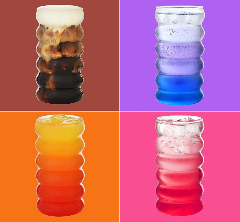 ALINK Ribbed Drinking Glass Cups with Straws Set of 4, 16 oz Aesthetic Iced Coffee Glasses, Wave Bubble Tumbler, Ripple Glassware, Beer Glasses for Coctail, Milk, Soda, Gift with Brush - Image 4