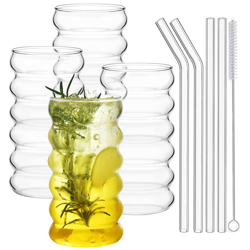 ALINK Ribbed Drinking Glass Cups with Straws Set of 4, 16 oz Aesthetic Iced Coffee Glasses, Wave Bubble Tumbler, Ripple Glassware, Beer Glasses for Coctail, Milk, Soda, Gift with Brush - Image 1