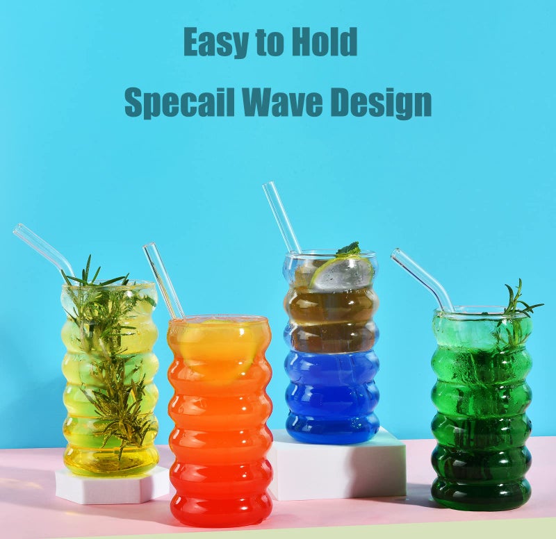 ALINK Ribbed Drinking Glass Cups with Straws Set of 4, 16 oz Aesthetic Iced Coffee Glasses, Wave Bubble Tumbler, Ripple Glassware, Beer Glasses for Coctail, Milk, Soda, Gift with Brush - Image 3