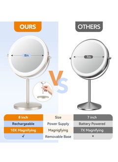Arabest 8inch Desktop Magnifying Makeup Mirror with Lights, 8" Dimmable Rechargeable Double Sided 1X/10X Vanity Mirror with 3 Colors, 360° Smart Touch Lighted Makeup Mirror with Brightness Adjustable-Chrome  - Image 5
