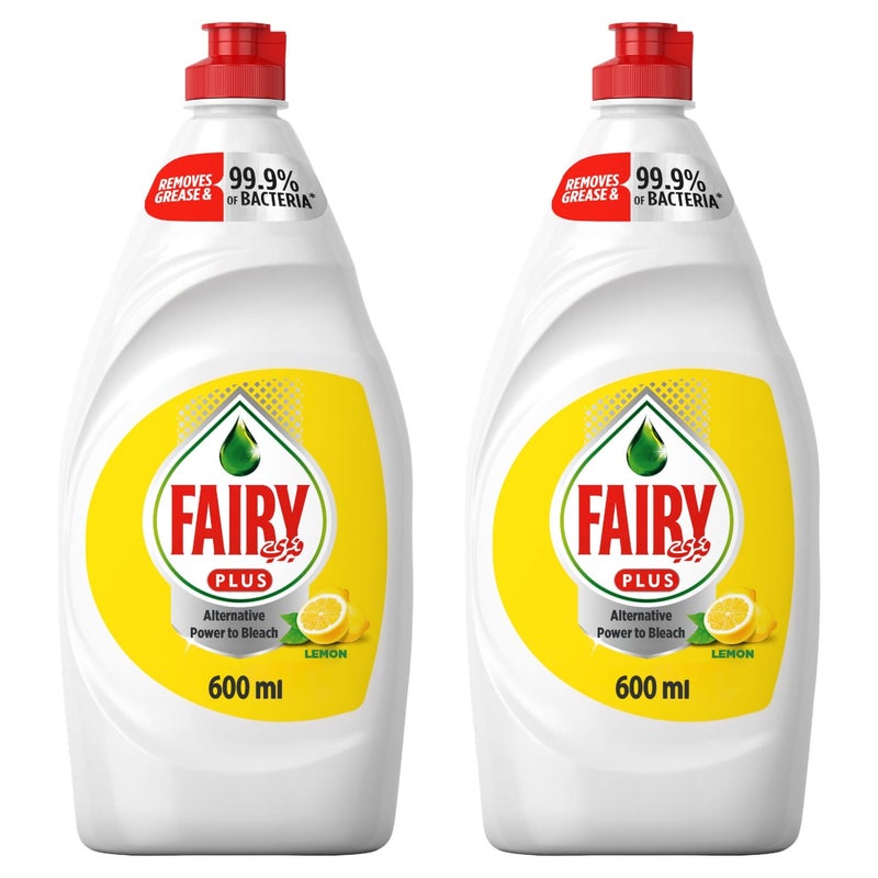 Fairy Plus Lemon Dishwashing Liquid Soap With Alternative Power To Bleach Value Pack 2 x 600 ml