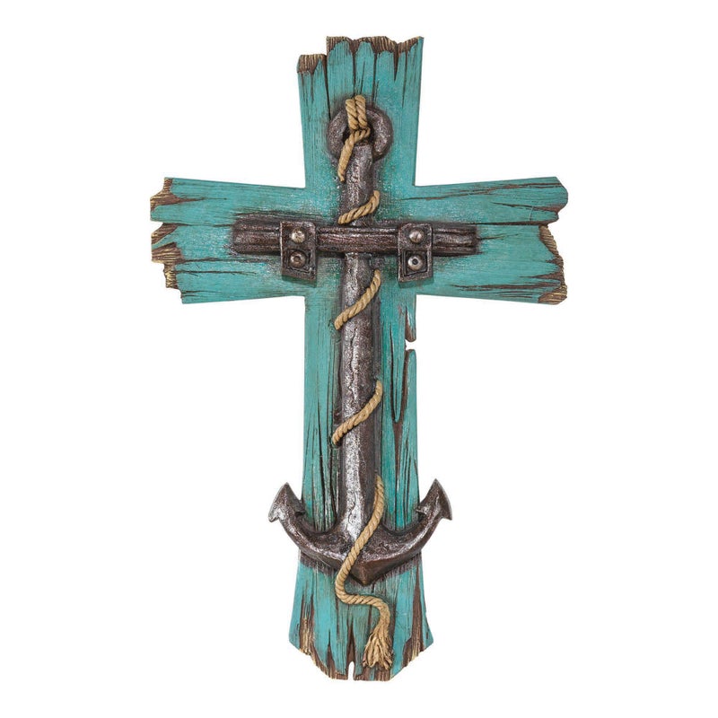 Dicksons Antique Anchor Distressed Turquois 8 x 12 Resin Stone Wall Cross