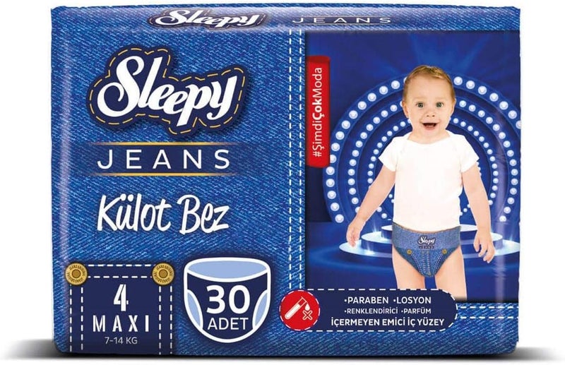 Sleepy سروال تدريب سليبى جينز - عبوة جامبو، مقاس 4 (7-14 كجم)، 30 قطعة، مضاد للحساسية