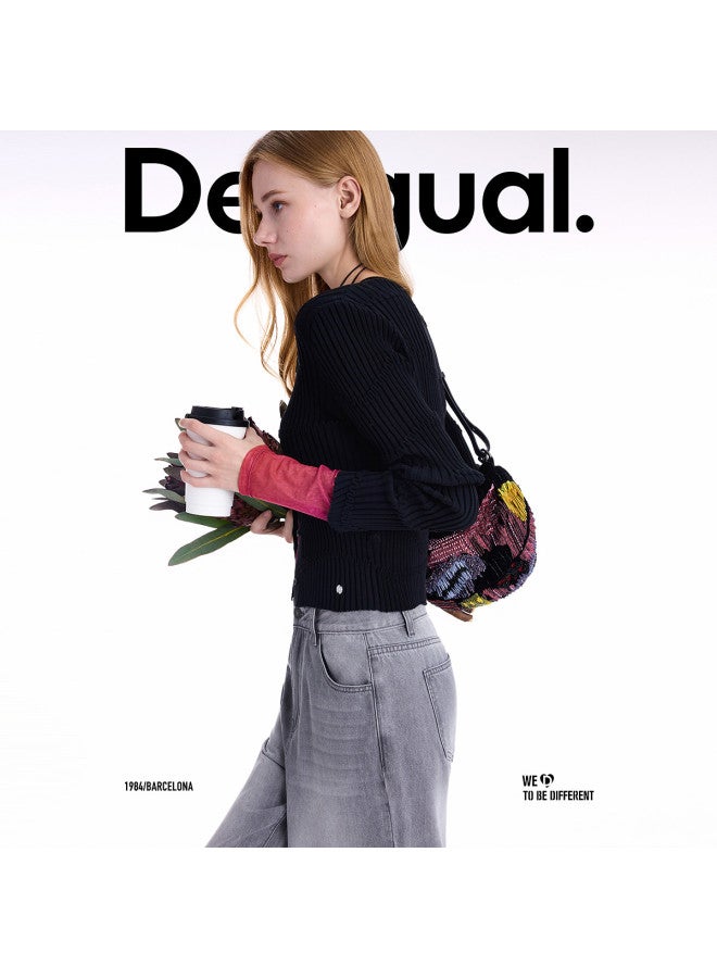 DESIGUAL 25 كاردجان أسود مضلع للنساء من نسيج محبوك لخريف/شتاء جديد - Image 2