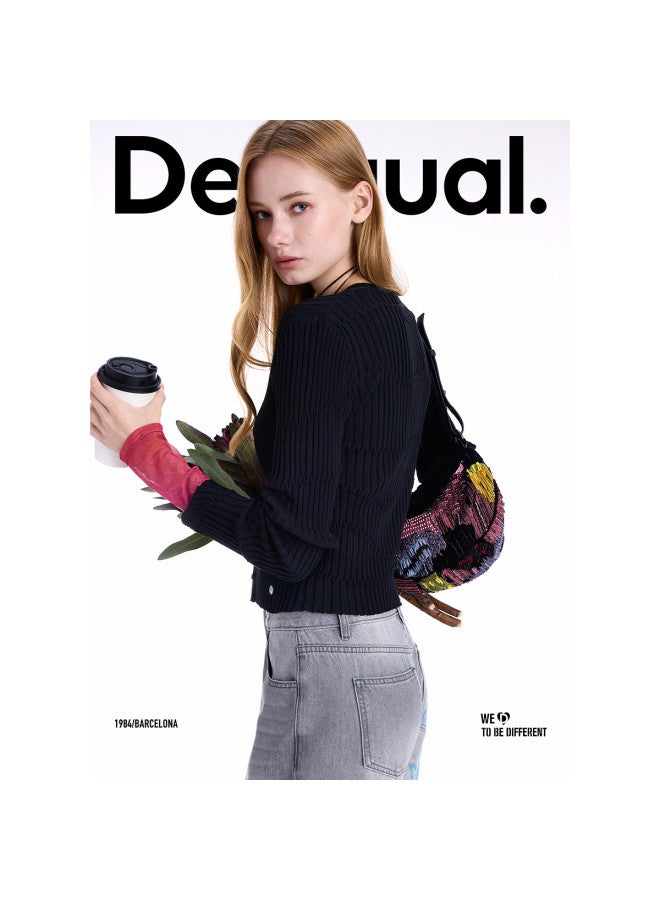 DESIGUAL 25 كاردجان أسود مضلع للنساء من نسيج محبوك لخريف/شتاء جديد - Image 5