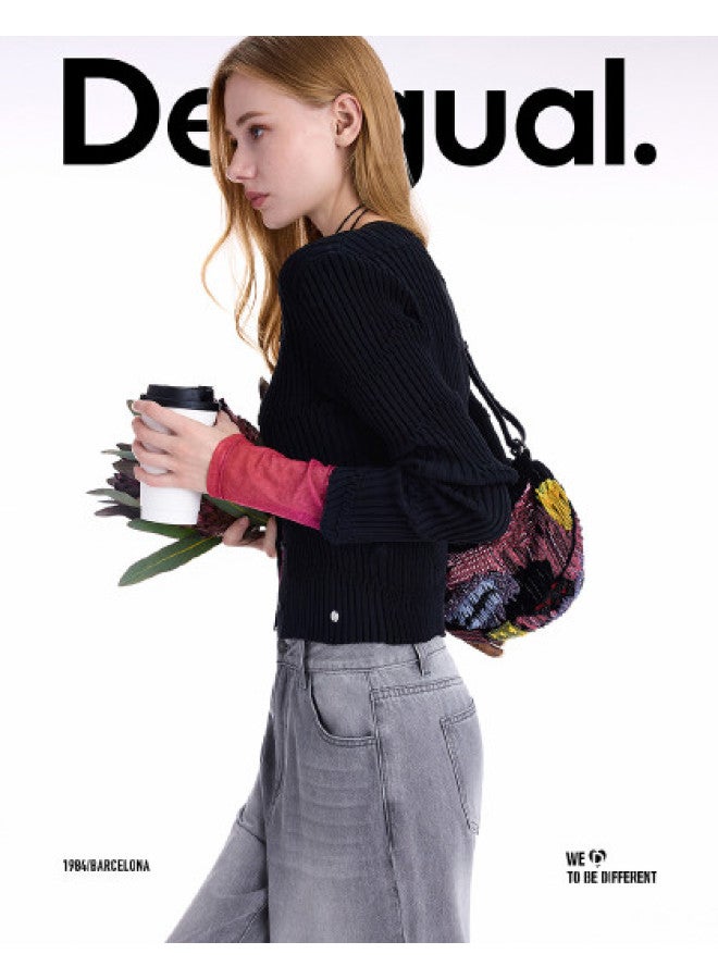 DESIGUAL 25 كاردجان أسود مضلع للنساء من نسيج محبوك لخريف/شتاء جديد - Image 1