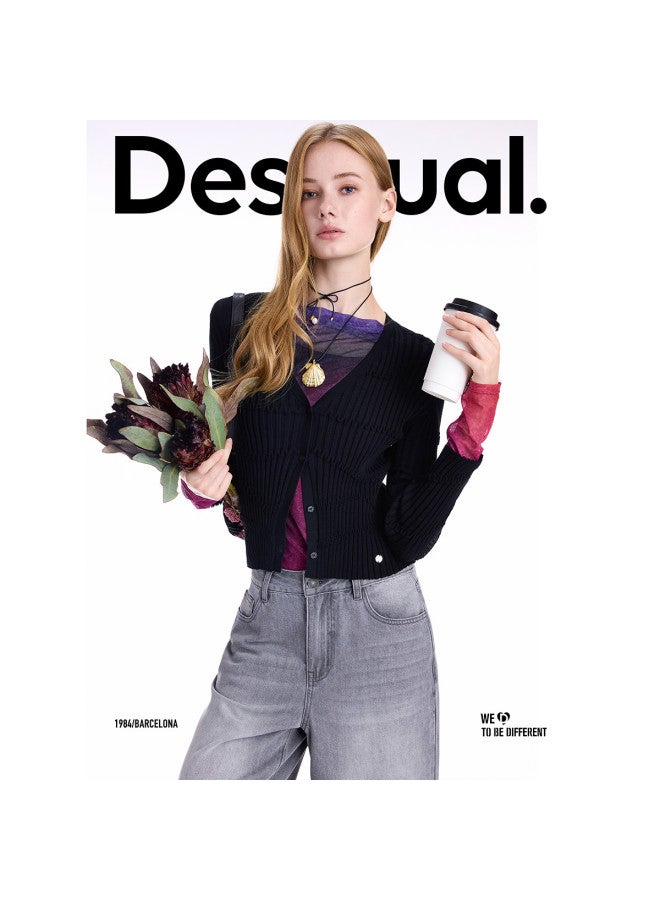 DESIGUAL 25 كاردجان أسود مضلع للنساء من نسيج محبوك لخريف/شتاء جديد - Image 4